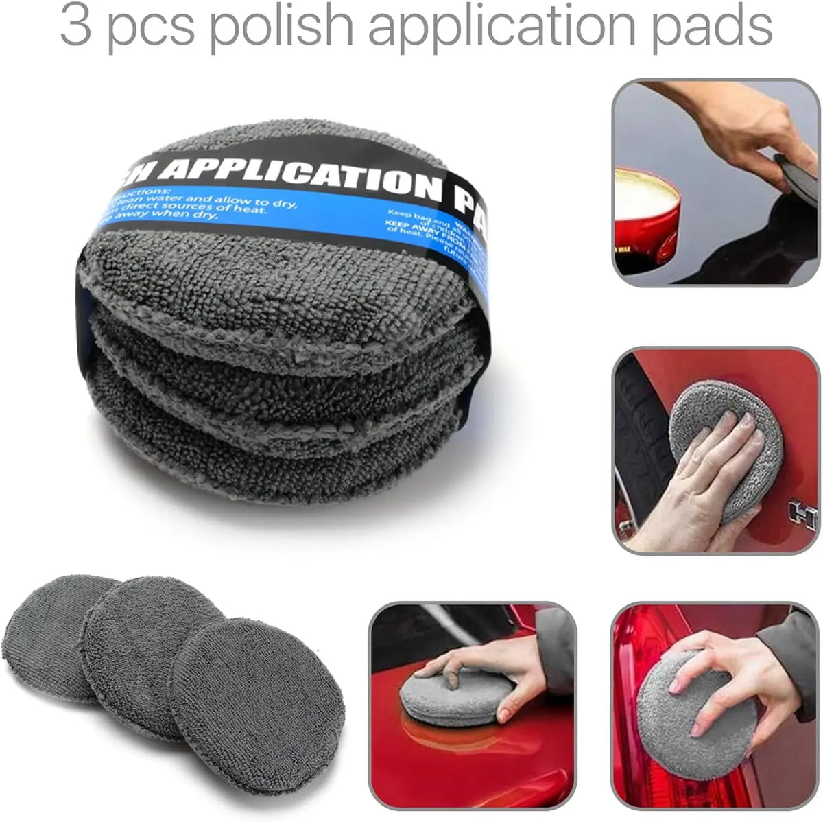 Set of three gray polish application pads with packaging and usage examples on a white background.