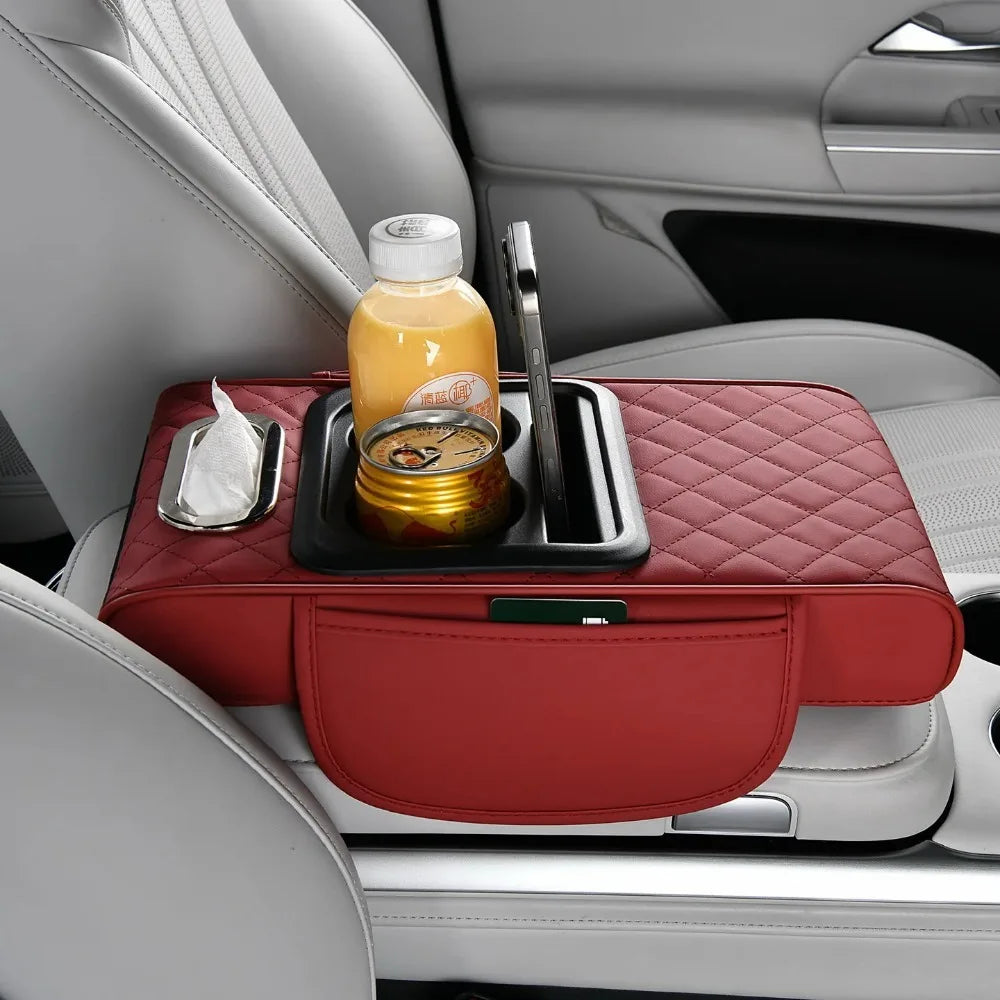 Red car tray with drinks and snacks inside a vehicle