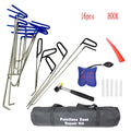 A 16-piece tooth extraction and root repair kit laid out on a white background, including metal extraction hooks in blue and black, a blue pump wedge, a black air blower, white pointed tools, a gray carrying case labeled 'Paintless Dent Repair Kit,' and a red curved tool. Red text at the top reads '16pcs HOOK.