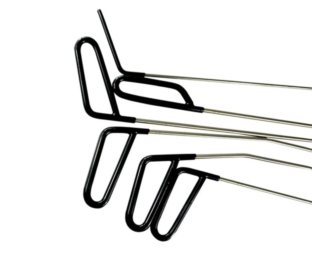 Four black and silver metal U-shaped tools with long straight handles, arranged diagonally on a plain white background.