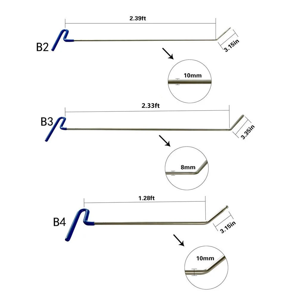 Measurement chart of metal rods with dimensions and diameters on a white background