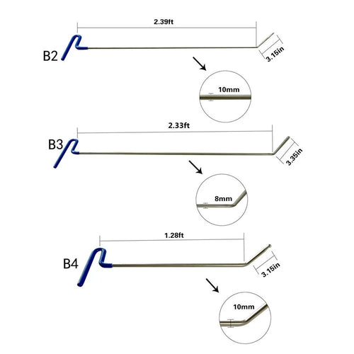 Measurement chart of metal rods with dimensions and diameters on a white background