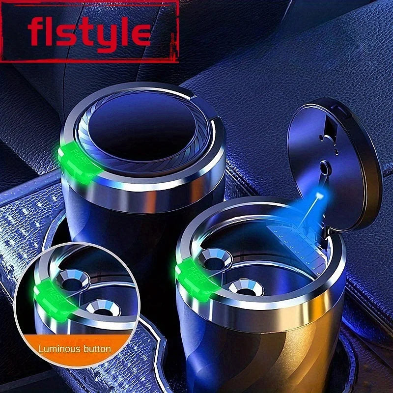 Metallic car cup holders with glowing green accents on a car interior background, featuring the 'flstyle' brand.