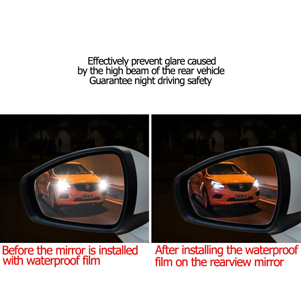Before and after comparison of a car's rearview mirror with waterproof film for night driving safety.