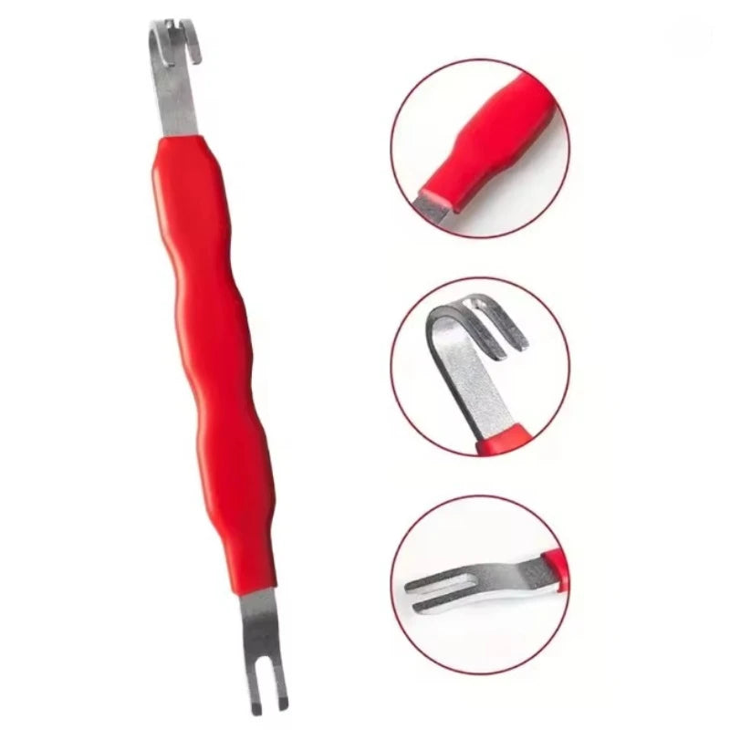 Red tool with metal components on a white background