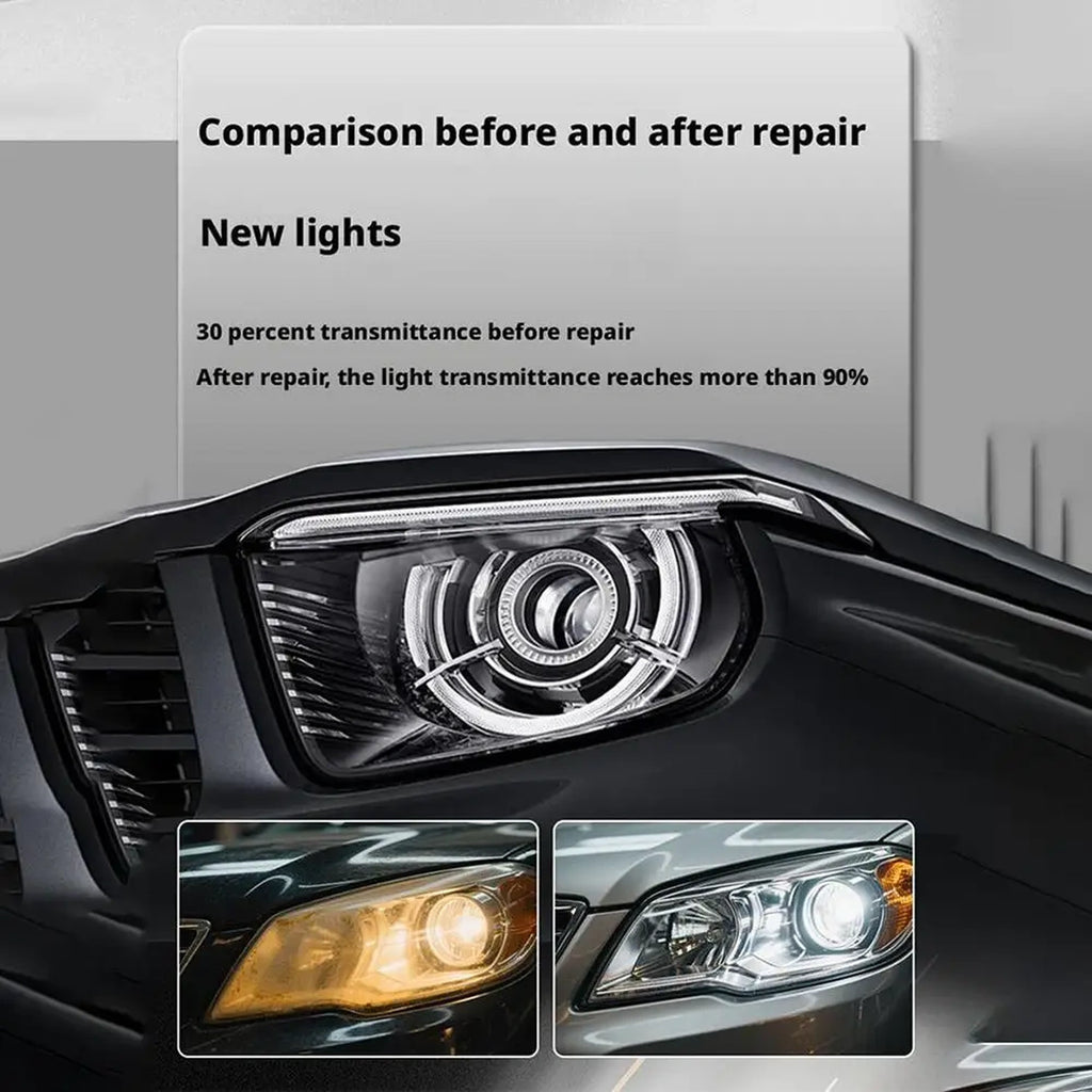Car headlight before and after repair comparison with text on transmittance improvement.