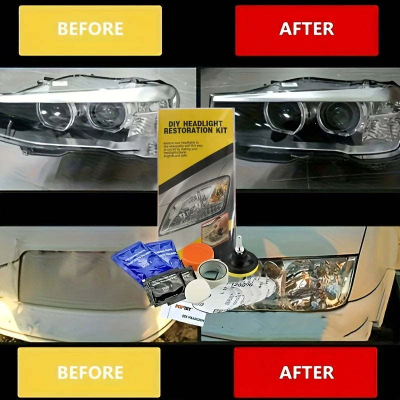 A DIY headlight restoration kit shown with its packaging and tools in the foreground, alongside before-and-after comparison photos of a car headlight. The top row shows a cloudy, yellowed headlight labeled 'BEFORE' in yellow and 'AFTER' in red, while the bottom row shows a clearer, restored headlight.
